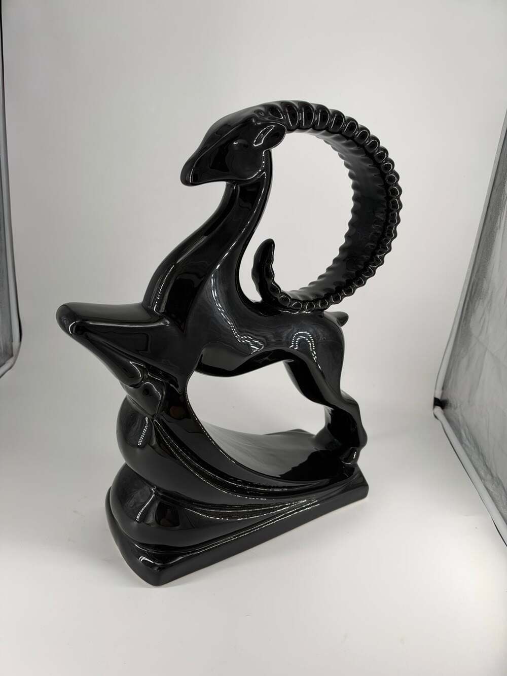 1980s Art Deco Black Ceramic Ram Sculpture
